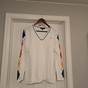 Tommy Hilfiger Women's White V-Neck Sweater with Rainbow Argyle Sleeve
